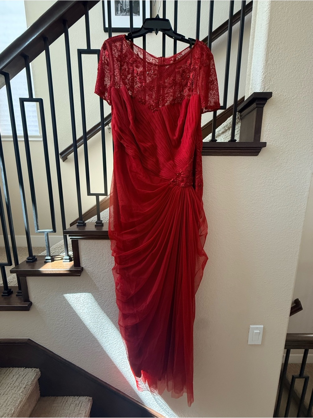 Tadashi Shoji Red Lace and Draped Chiffon Midi Dress